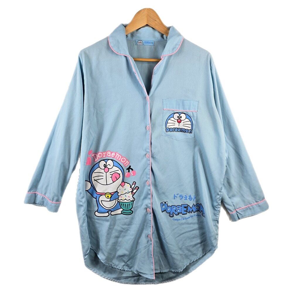 Doraemon Manga Anime Robotic Cat Shirt Sleep Wear Button Down Cool Planet Blue